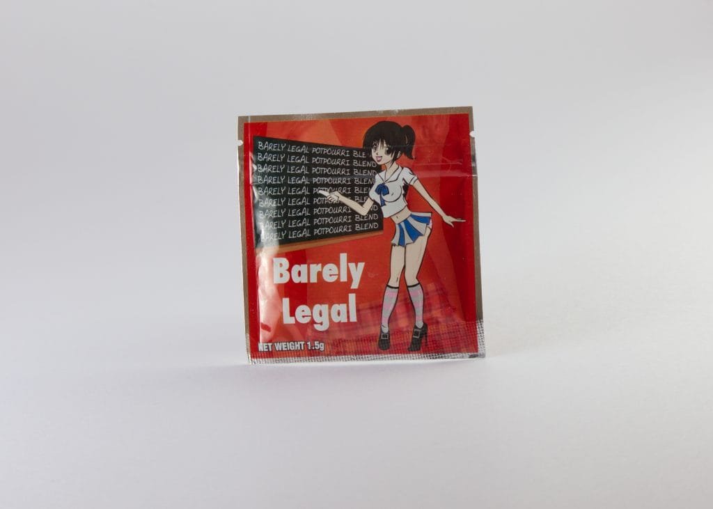 Barely Legal Incense product packaging with detailed labeling information
